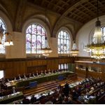 The Great Hall of Justice of the Peace Palace at the opening of the ICJ hearings in the Nicaragua v. Colombia case.