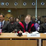 Members of the Delegation of Niger at the opening of the hearings in the case concerning the Frontier Dispute (Burkina Faso/Niger). This session took place, exceptionally, in the auditorium of The Hague Academy of International Law. The ICJ¿s role is to settle, in accordance with international law, legal disputes submitted to it by States (its Judgments are final and binding) and to give advisory opinions on legal questions referred to it by authorized UN organs and agencies. Its official languages are French and English. ICJ news and archives can be accessed via its Website (icj-cij.org).