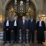 From left to right: <span class='nowrap'>H.E. Judge Abdulqawi Ahmed Yusuf</span>, Vice-President of the International Court of Justice;  <span class='nowrap'>H.E. Mr. Ronny Abraham</span>, President of the International Court of Justice;  <span class='nowrap'>H.E. Mr. Ban Ki-moon</span>, Secretary-General of the United Nations;  <span class='nowrap'>H.E. Mr. Antonio Gumende</span>, Vice-President of the United Nations General  Assembly;  <span class='nowrap'>H.E. Mr. Philippe Couvreur</span>, Registrar of the International Court of Justice.