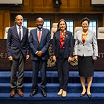 From left to right, H.E. M. Philippe Gautier, Registrar of the Court, H.E. Judge Abdulqawi Ahmed Yusuf, President of the Court, H.E. Ms María Fernanda Espinosa Garcés, President of the United Nations General Assembly, and H.E. Judge Xue Hanqin, Vice-President of the Court. 