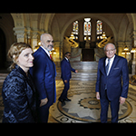 H.E. Judge Kirill Gevorgian, Vice-President of the International Court of Justice, greets H.E. Mr. Edi Rama, Prime Minister of the Republic of Albania, and his retinue, in the entrance hall of the Peace Palace, seat of the Court   
