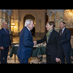 HE Judge Joan E. Donoghue, President of the International Court of Justice, greets HE Mr Alberto van Klaveren Stork, Minister of Foreign Affairs of Chile, and his delegation, in the entrance hall of the Peace Palace, seat of the Court 