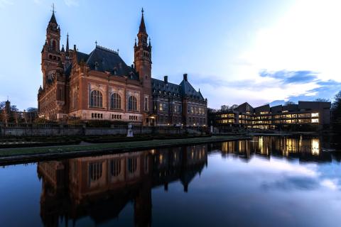 view of the peace palace at dusk