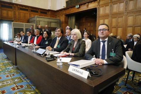 Members of the delegation of Ukraine, on the second day of the hearings.