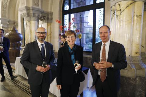 From left to right: HE Mr Marcin Czepelak, Secretary-General of the Permanent Court of Arbitration, HE Judge Joan E. Donoghue, President of the International Court of Justice and HE Mr Philippe Gautier Registrar of the International Court of Justice