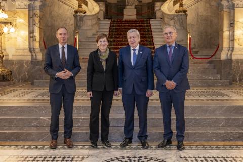 From left to right: HE Mr Philippe Gautier, Registrar of the International Court of Justice, HE Judge Joan E. Donoghue, President of the International Court of Justice, HE Mr Alberto van Klaveren Stork, Minister of Foreign Affairs of the Republic of Chile, and HE Mr Jaime Moscoso, Ambassador of Chile to the Netherlands 