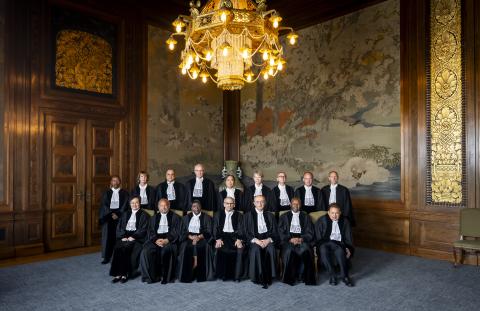 Members and Registrar of the International Court of Justice in the Japanese Room of the Peace Palace in July 2024