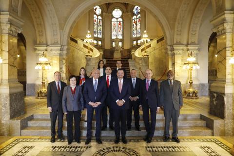 Front row, from left to right: H.E. Mr. Philippe Gautier, H.E. Judge Xue Hanqin, H.E. Judge Kirill Gevorgian, H.E. Mr. Rodrigo Chaves Robles, H.E. Judge Peter Tomka and H.E. Judge Patrick L. Robinson. Second row, from left to right: Mrs. Gina Guillén Grillo, H.E. Mr. Arnoldo Brenes and H.E. Mr. Arnoldo André Tinoco. Third row, from left to right: Mrs. Eliana Villalobos Cárdenas and Mr. Manuel Morales Ovares.