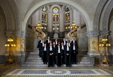 Members and Registrar of the International Court of Justice at the foot of the grand staircase of the Peace Palace in June 2023.