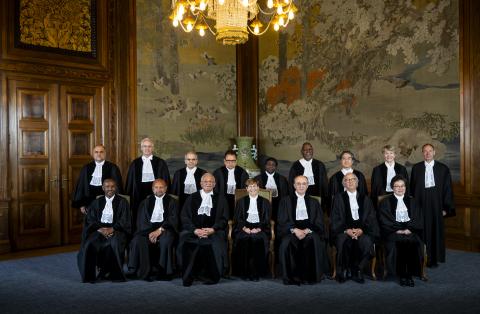 Members and Registrar of the International Court of Justice in the Japanese Room of the Peace Palace in June 2023.